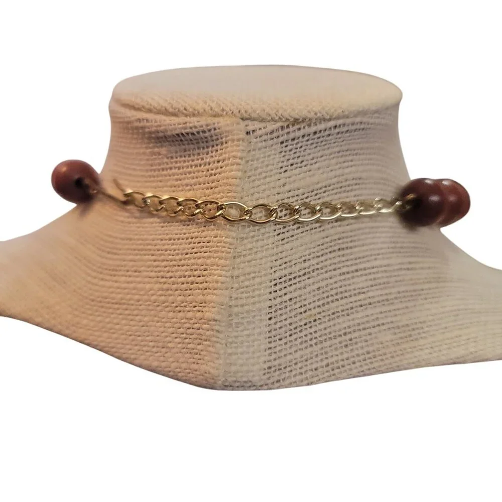 Vintage West Germany Wooden Beaded Necklace With Gold-tone Chain Clasp